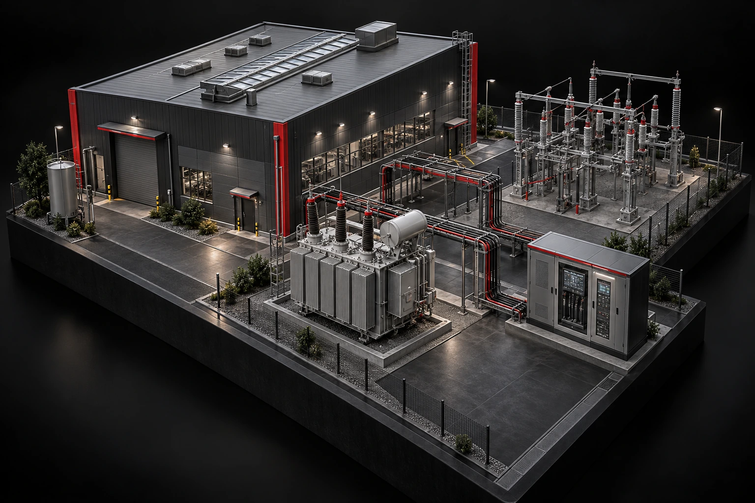 Elektrik altyapısı ve SCADA çözümlerini gösteren endüstriyel tesis görseli
